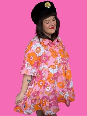 Handmade, Upcycled Vintage Pink and Orange Floral, Button Down Dress Size XL